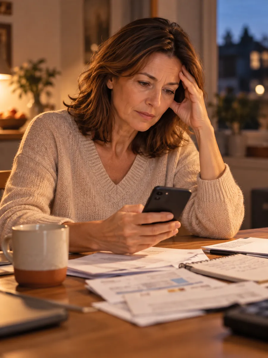 La même femme relisant un fil de messages, la main sur la tempe.